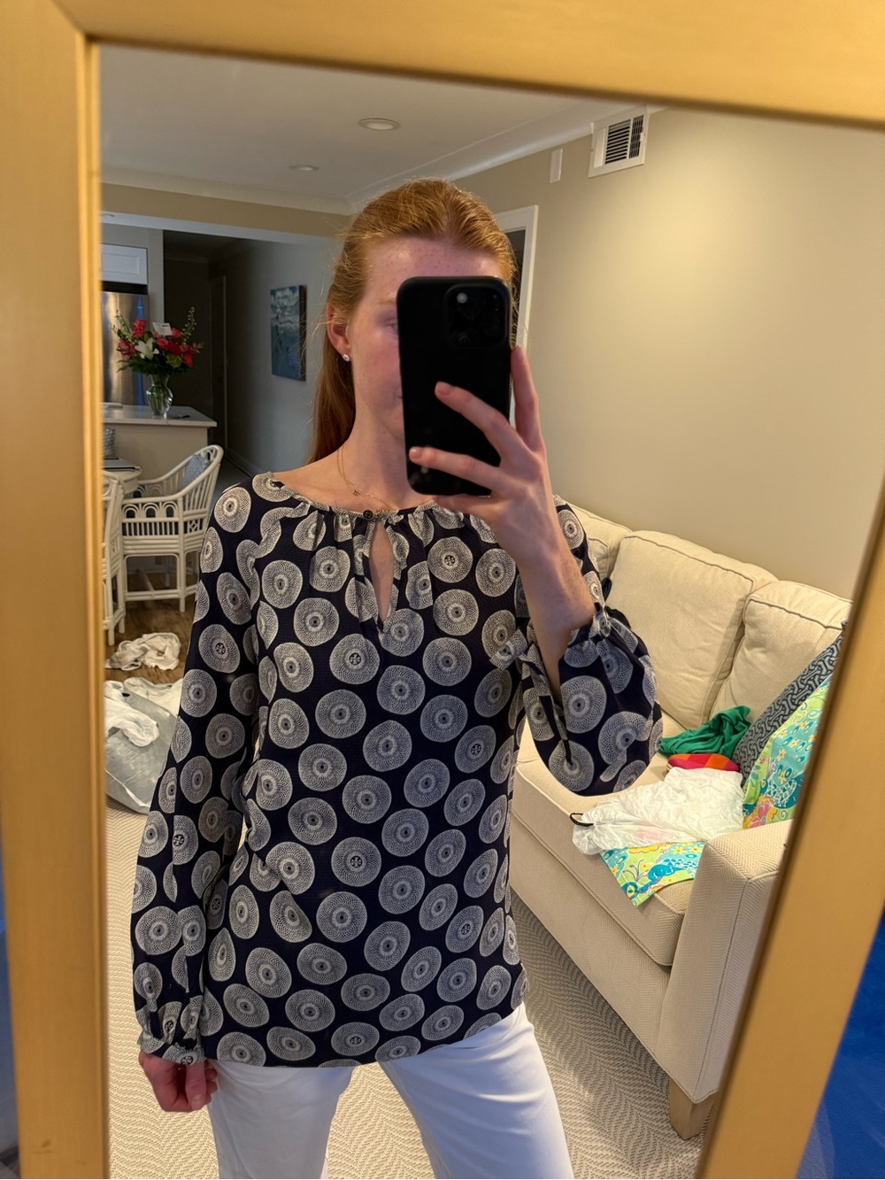 Tory Burch Navy Top with White Circular Medallion Print